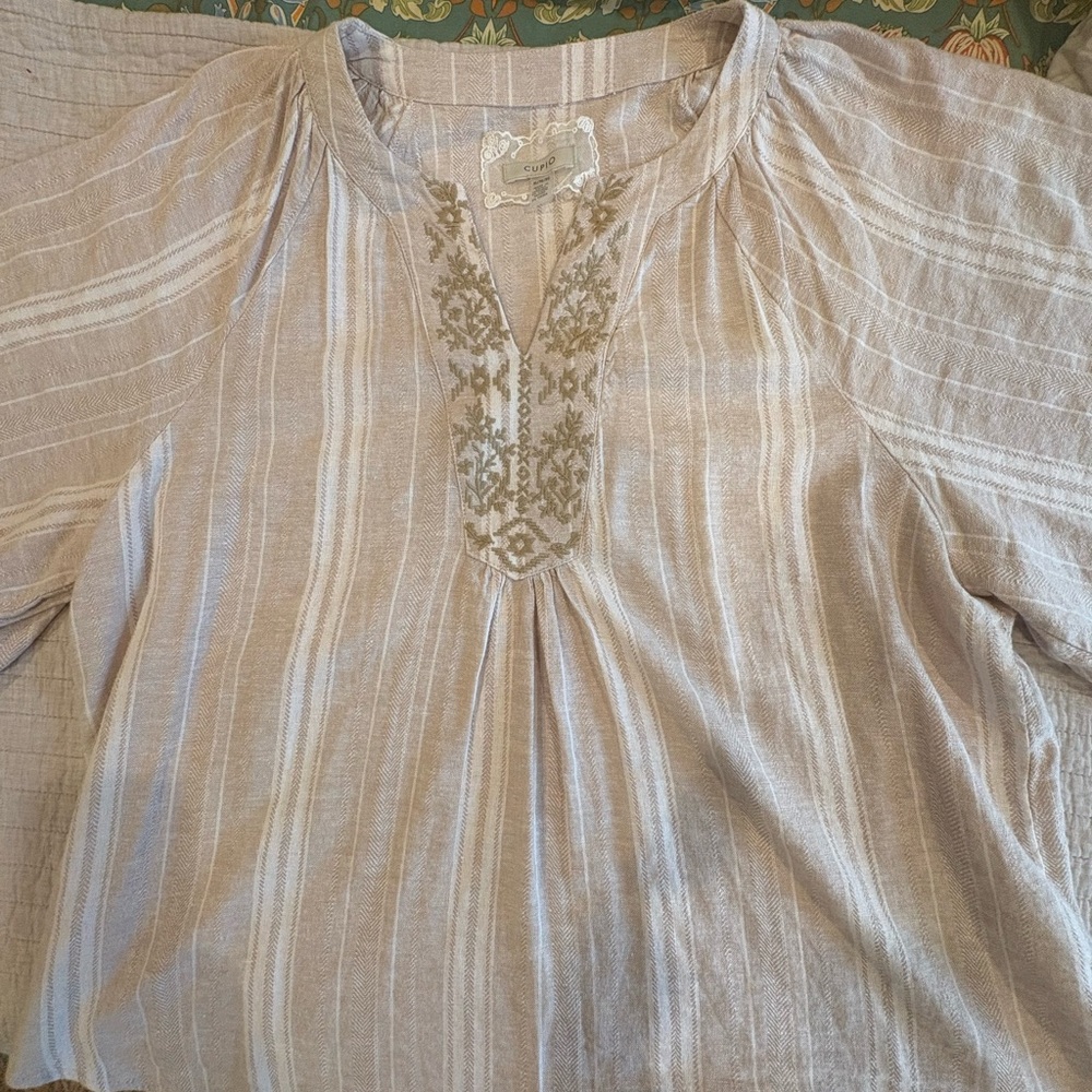 Cupio Beige Striped Blouse with Embroidery